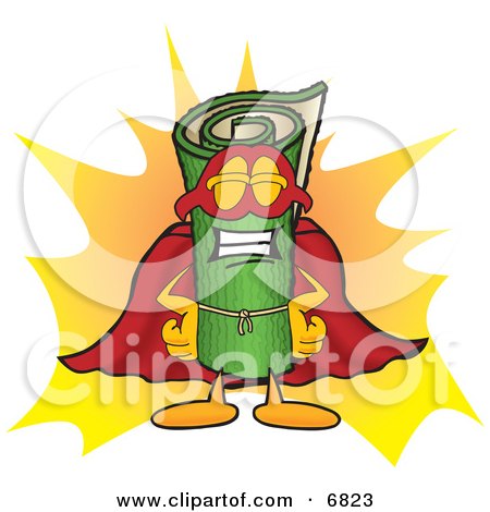 Clipart Picture of a Green Carpet Mascot Cartoon Character Dressed as a Super Hero by Mascot Junction