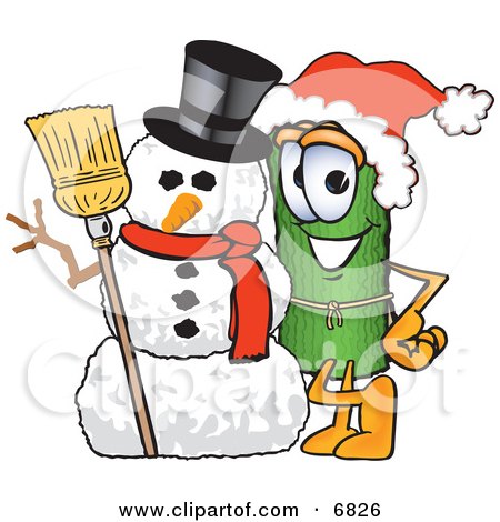 Clipart Picture of a Green Carpet Mascot Cartoon Character With a Snowman on Christmas by Mascot Junction