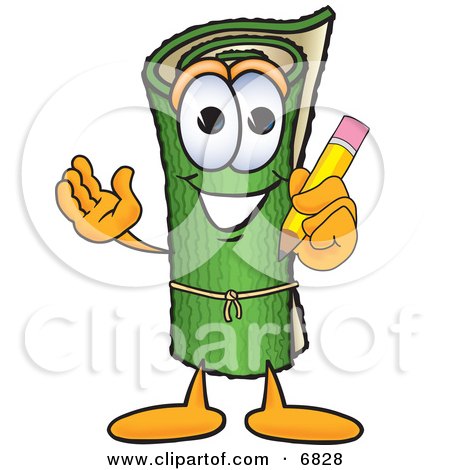 Clipart Picture of a Green Carpet Mascot Cartoon Character Holding a Pencil by Mascot Junction