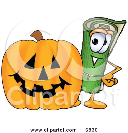Clipart Picture of a Green Carpet Mascot Cartoon Character With a Carved Halloween Pumpkin by Mascot Junction