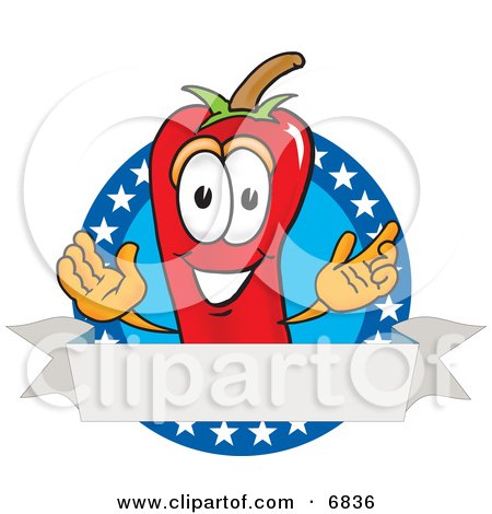 Clipart Picture of a Chili Pepper Mascot Cartoon Character With Stars and a Blank Label by Mascot Junction