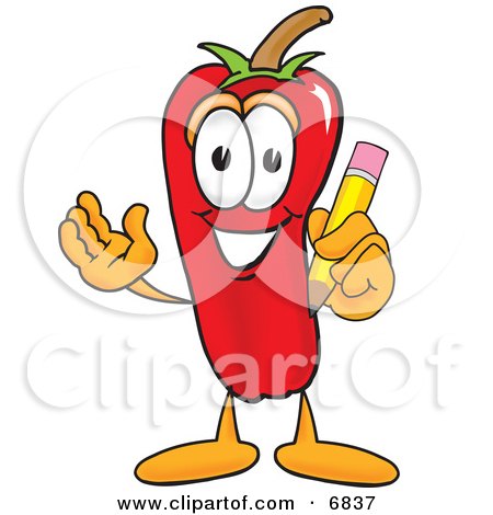 Clipart Picture of a Chili Pepper Mascot Cartoon Character Holding a Pencil by Mascot Junction