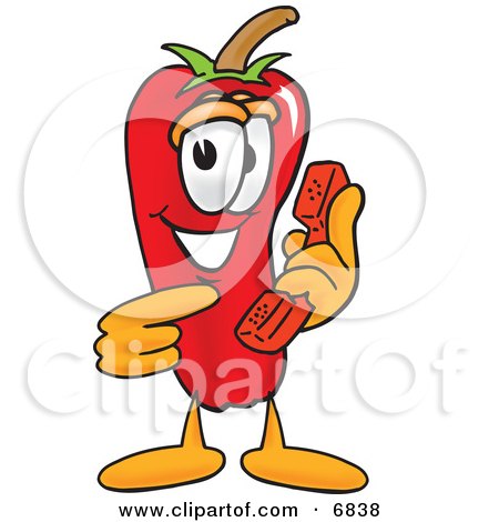 Clipart Picture of a Chili Pepper Mascot Cartoon Character Holding a Telephone by Mascot Junction