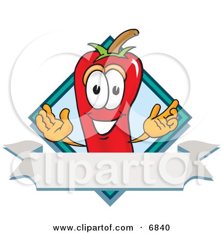 Clipart Picture of a Chili Pepper Mascot Cartoon Character With a Blue Diamond and Blank Label by Mascot Junction
