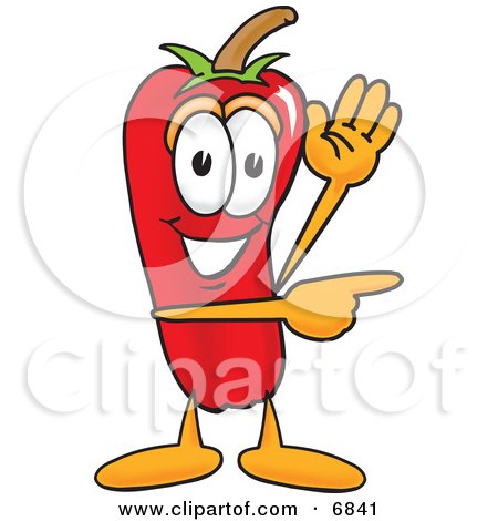 Clipart Picture of a Chili Pepper Mascot Cartoon Character Waving and Pointing by Mascot Junction
