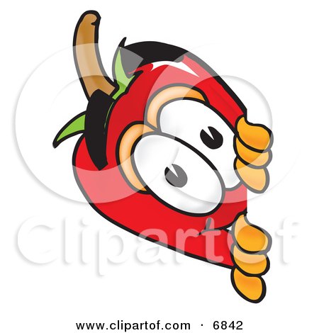 Clipart Picture of a Chili Pepper Mascot Cartoon Character Peeking Around a Corner by Mascot Junction
