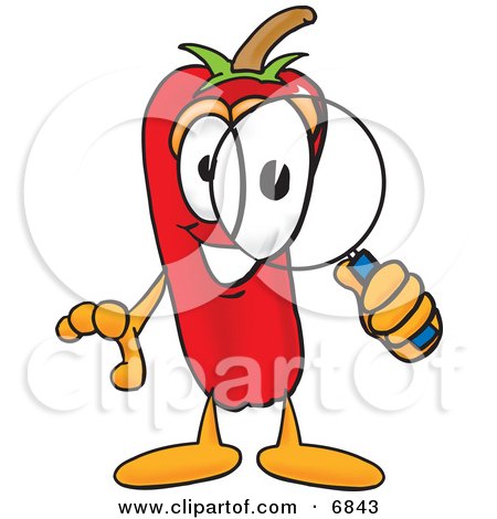 Clipart Picture of a Chili Pepper Mascot Cartoon Character Looking Through a Magnifying Glass by Mascot Junction