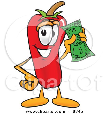 Clipart Picture of a Chili Pepper Mascot Cartoon Character Holding a Dollar Bill by Mascot Junction