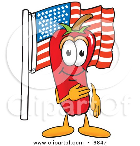 Clipart Picture of a Chili Pepper Mascot Cartoon Character Pledging Allegiance to the American Flag by Mascot Junction