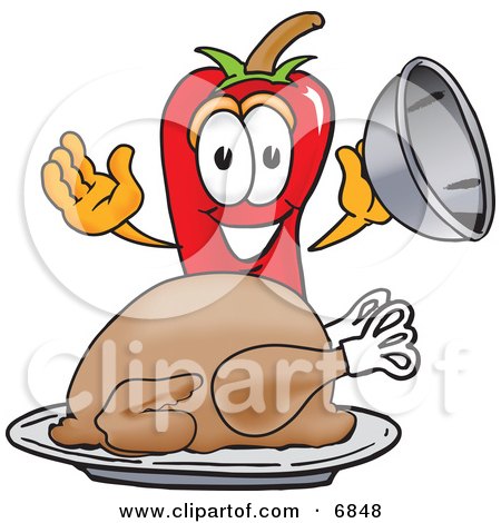 Clipart Picture of a Chili Pepper Mascot Cartoon Character With a Turkey in a Platter by Mascot Junction