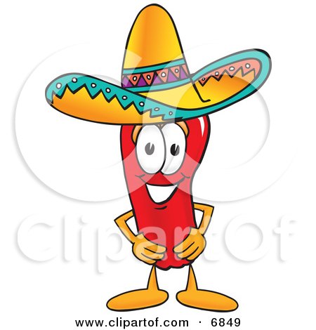 Clipart Picture of a Chili Pepper Mascot Cartoon Character Wearing a Sombrero by Mascot Junction