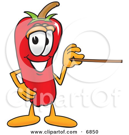 Clipart Picture of a Chili Pepper Mascot Cartoon Character Holding a Pointer Stick by Mascot Junction