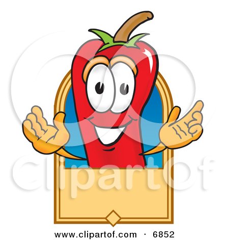 Clipart Picture of a Chili Pepper Mascot Cartoon Character With a Blank Tan Label by Mascot Junction