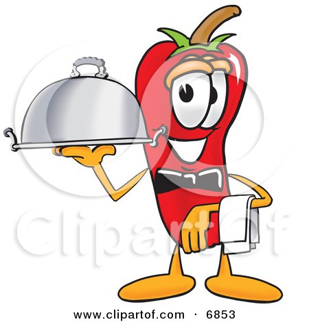 Clipart Picture of a Chili Pepper Mascot Cartoon Character Holding a Serving Platter by Mascot Junction