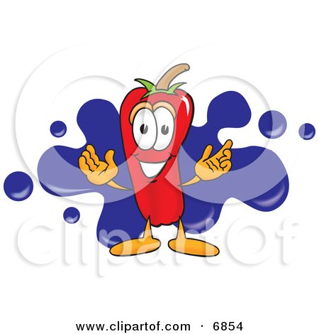 Clipart Picture of a Chili Pepper Mascot Cartoon Character With a Blue Paint Splatter by Mascot Junction