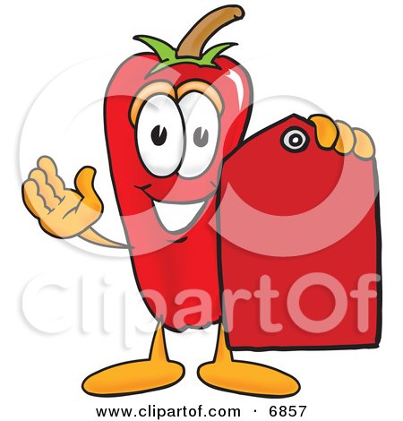 Clipart Picture of a Chili Pepper Mascot Cartoon Character Holding a Red Price Tag by Mascot Junction