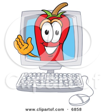 Clipart Picture of a Chili Pepper Mascot Cartoon Character Waving in a Computer Screen by Mascot Junction