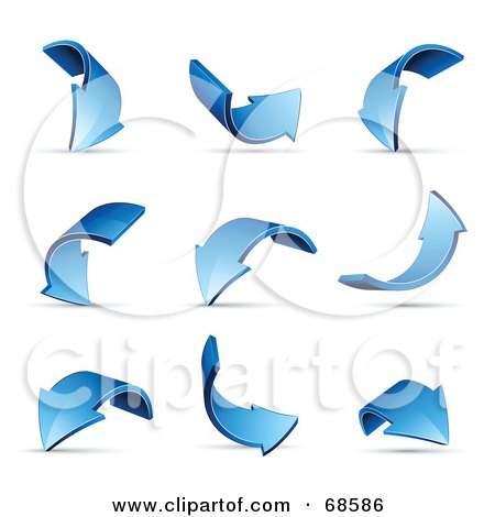 Royalty-Free (RF) Clipart Illustration of a Digital Collage Of Nine Blue 3d Curved Arrows With Shadows by beboy