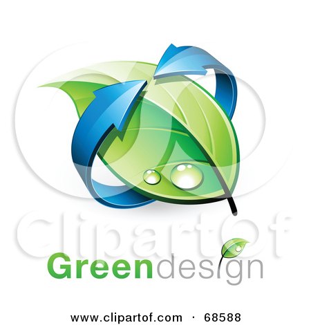 Royalty-Free (RF) Clipart Illustration of a Blue 3d Arrow Circling A Dewy Leaf, With Green Design Text by beboy