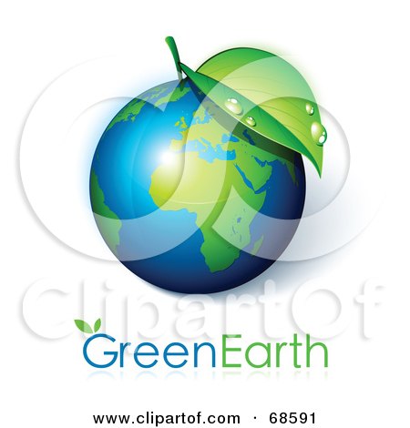 Royalty-Free (RF) Clipart Illustration of a 3d Leaf On A Shiny Earth With Green Earth Text by beboy