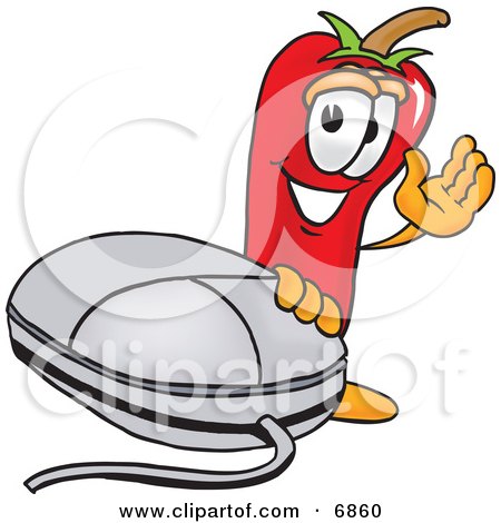 Clipart Picture of a Chili Pepper Mascot Cartoon Character With a Computer Mouse by Mascot Junction