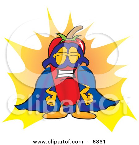 Clipart Picture of a Chili Pepper Mascot Cartoon Character Dressed as a Super Hero by Mascot Junction
