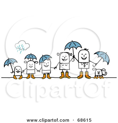 Royalty-Free (RF) Clipart Illustration of a Stick People Character Family With Umbrellas On A Rainy Day by NL shop