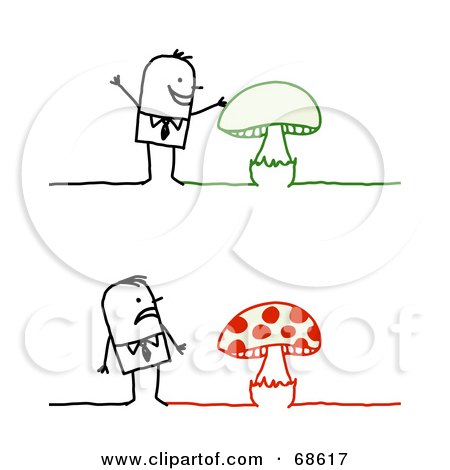 Royalty-Free (RF) Clipart Illustration of a Stick People Character Man Shown Looking At Green And Red Mushrooms by NL shop