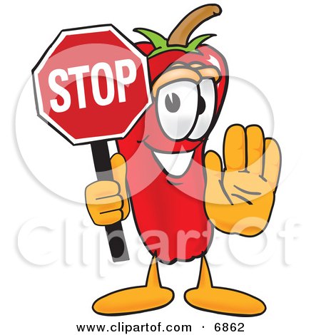 Clipart Picture of a Chili Pepper Mascot Cartoon Character Holding a Stop Sign by Mascot Junction