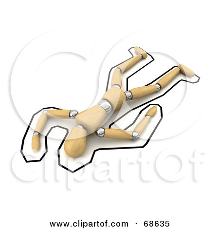 Royalty-Free (RF) Clipart Illustration of a Chalk Outline Around A Dead 3d Wood Mannequin by stockillustrations