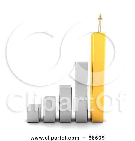 Royalty-Free (RF) Clipart Illustration of a 3d Wood Mannequin Standing On The Tallest Bar Of A Bar Graph by stockillustrations