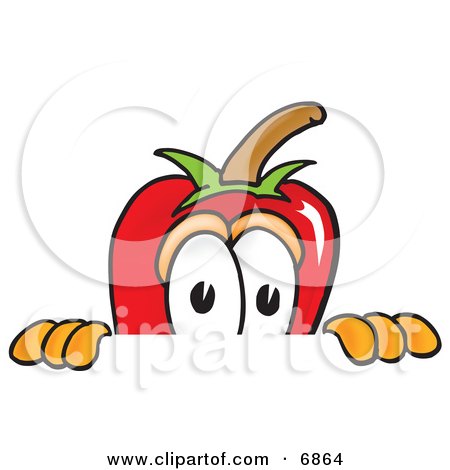 Clipart Picture of a Chili Pepper Mascot Cartoon Character Scared, Peeking Over a Surface by Mascot Junction