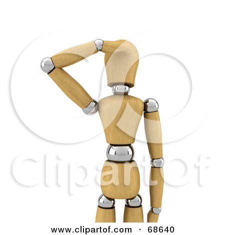 Royalty-Free (RF) Clipart Illustration of a 3d Wood Mannequin Looking And Shielding His Face by stockillustrations