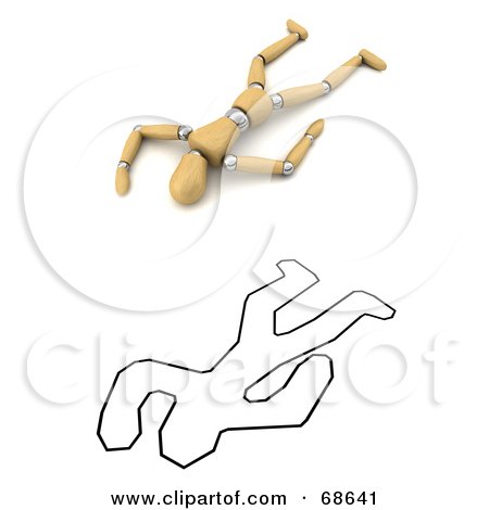 Royalty-Free (RF) Clipart Illustration of a Dead 3d Wood Mannequin Next To A Chalk Outline by stockillustrations