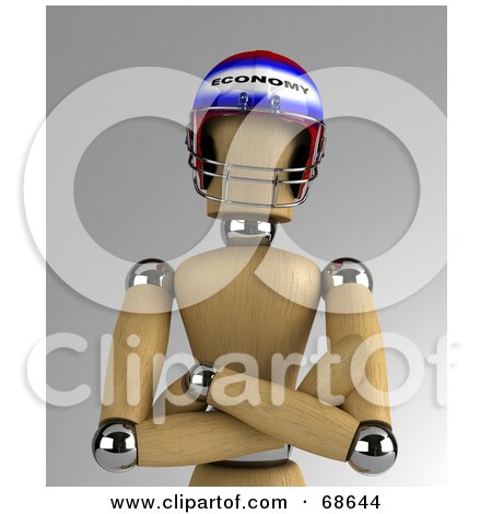Royalty-Free (RF) Clipart Illustration of a 3d Wood Mannequin Wearing an Economy Helmet by stockillustrations