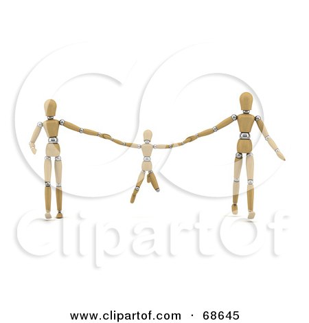 Royalty-Free (RF) Clipart Illustration of a 3d Wood Mannequin Family Holding Hands And Swinging A Child by stockillustrations
