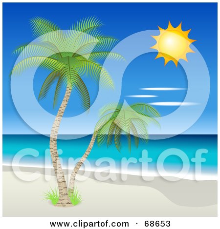 Royalty-Free (RF) Clipart Illustration of a Sun Shining Down On Tropical Palm Trees And A Beach by Oligo