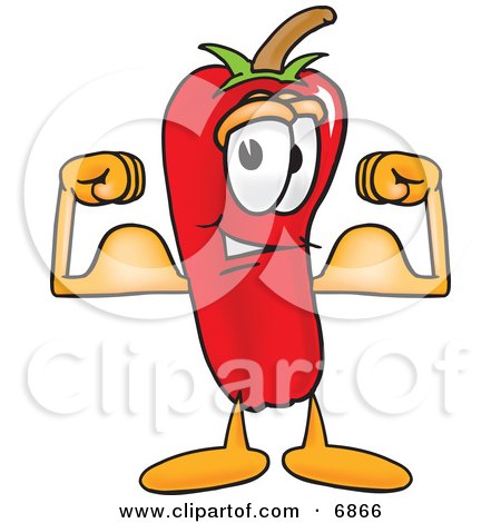 Clipart Picture of a Chili Pepper Mascot Cartoon Character Flexing His Arm Muscles by Mascot Junction
