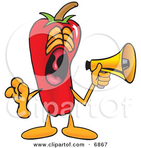 Clipart Picture of a Chili Pepper Mascot Cartoon Character Screaming Into a Megaphone by Mascot Junction