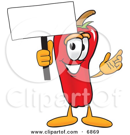 Clipart Picture of a Chili Pepper Mascot Cartoon Character Holding a Blank White Sign by Mascot Junction