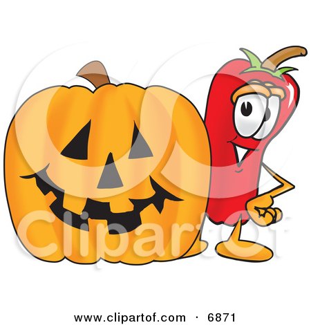 Clipart Picture of a Chili Pepper Mascot Cartoon Character Standing With a Carved Halloween Pumpkin by Mascot Junction