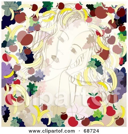 Royalty-Free (RF) Clipart Illustration of a Pretty Young Woman Running Her Hands Through Her Hair, Bordered With Fruits And Leaves. by kaycee