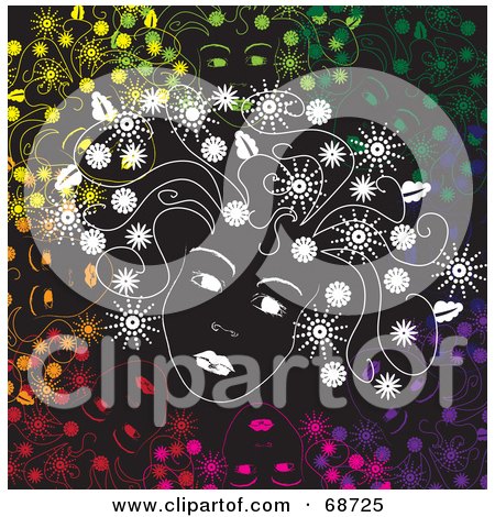 Royalty-Free (RF) Clipart Illustration of a White Sketched Woman's Face With Flower Hair, On A Black Background With Floral Faces by kaycee