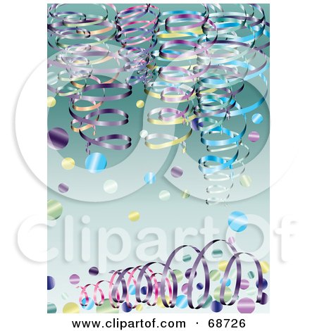 Royalty-Free (RF) Clipart Illustration of a Green Background With Colorful Ribbon Spirals And Confetti by kaycee
