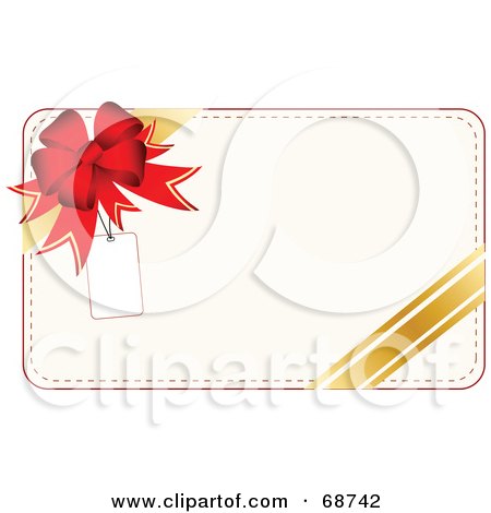 Royalty-Free (RF) Clipart Illustration of a White Christmas Present Background With A Bow And Gold Ribbon And A Blank Tag by OnFocusMedia