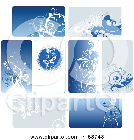 Royalty-Free (RF) Clipart Illustration of a Digital Collage Of Eight Blue Floral Backgrounds With Vines by OnFocusMedia