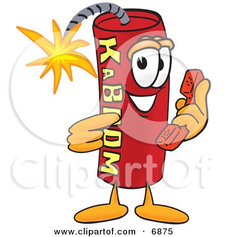 Clipart Picture of a Red Dynamite Mascot Cartoon Character Holding a Telephone by Mascot Junction