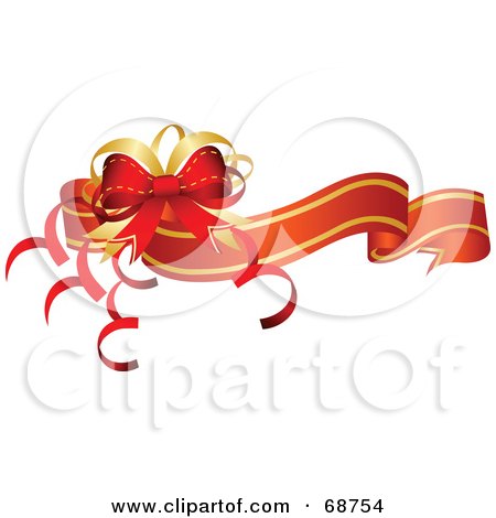 Royalty-Free (RF) Clipart Illustration of a Red And Gold Wavy Christmas Banner With A Bow And Curly Ribbons by OnFocusMedia