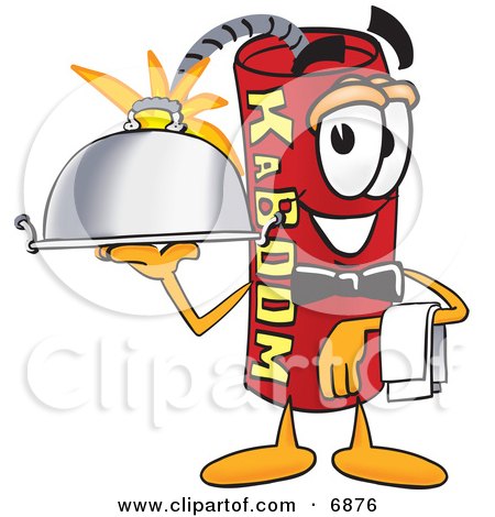 Clipart Picture of a Red Dynamite Mascot Cartoon Character Holding a Serving Platter by Mascot Junction