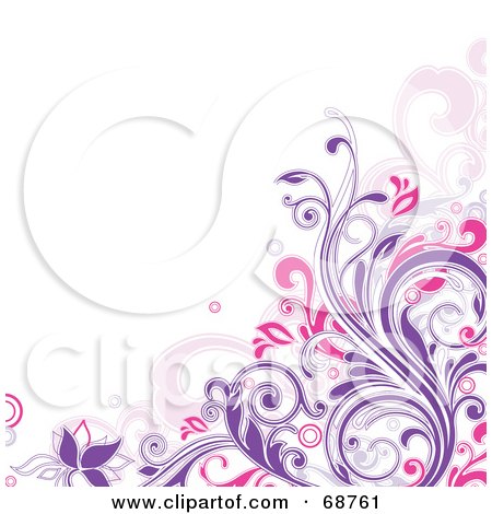 Royalty-Free (RF) Clipart Illustration of a White Background With A Purple And Pink Floral Vine Corner by OnFocusMedia